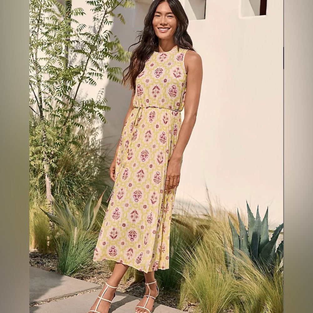 NWT Ann Taylor shimmer Tile Print MIDI dress size 2 pale citrine